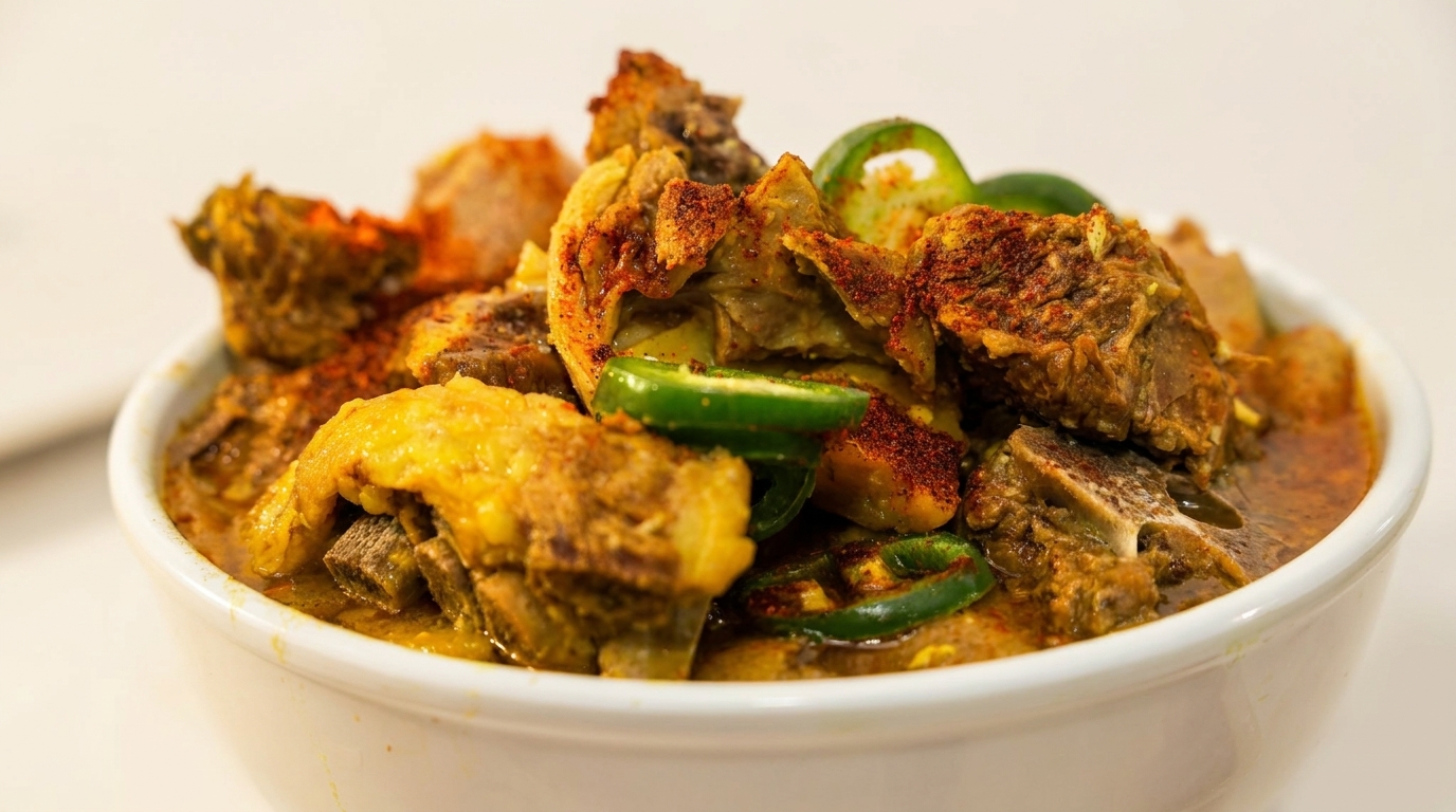 Close-up of a white bowl filled with a rich stew of meat, green peppers, and spices.