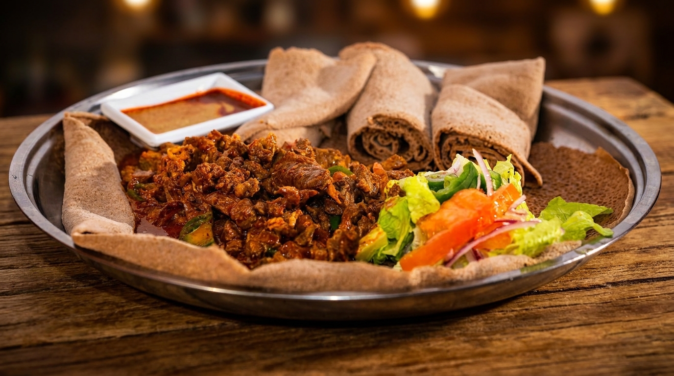 A metal platter with Ethiopian injera bread, spicy meat stew, a side salad, and dipping sauce.