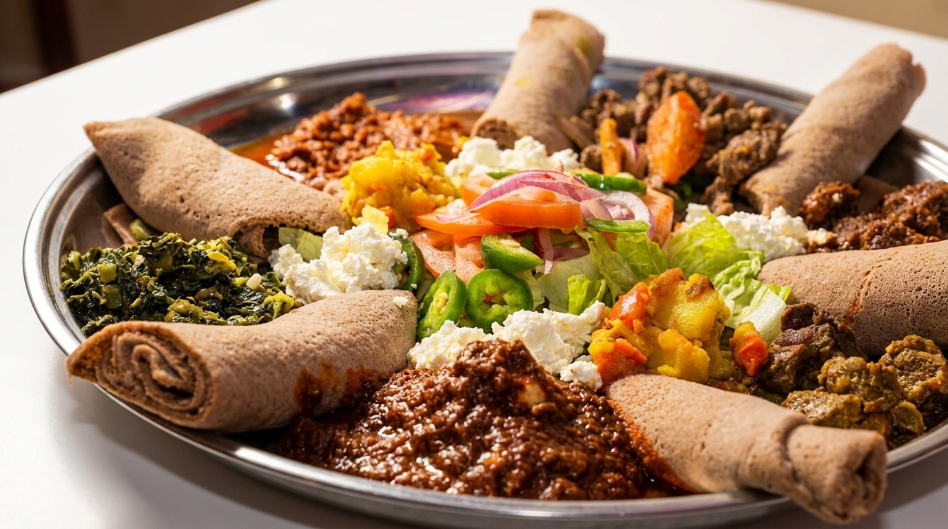 A large platter of Ethiopian injera bread with various stews, vegetables, and cheeses.