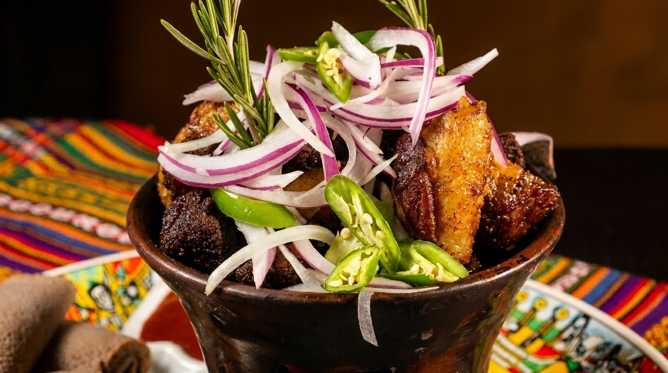 Ethiopian tibs, a dish of sautéed meat, onions, and peppers, served in a traditional clay pot.