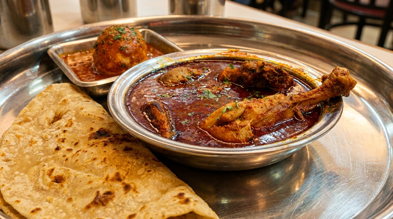 Indian chicken curry, egg curry, and paratha bread served on a round metal platter.