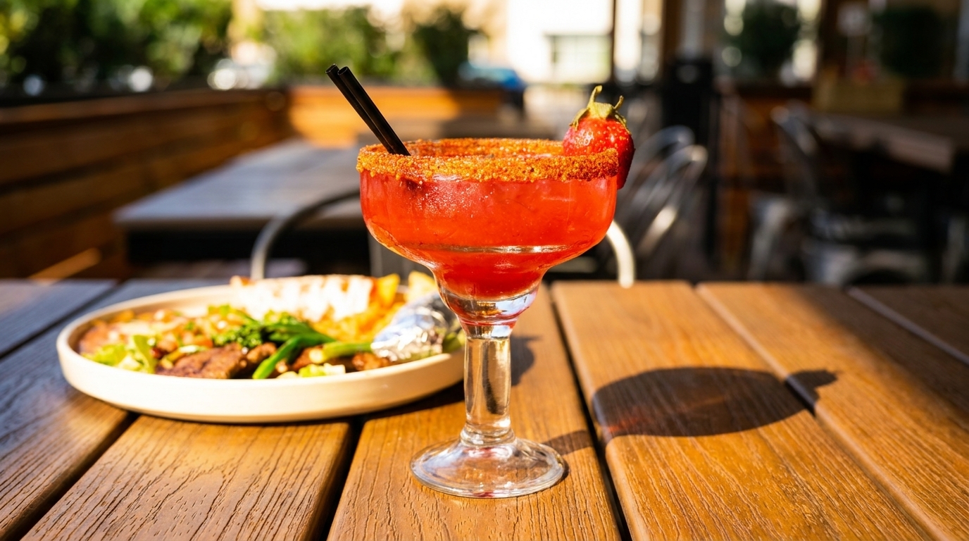 Strawberry margarita with a chili-lime rim and a plate of food on a sunny outdoor patio table.