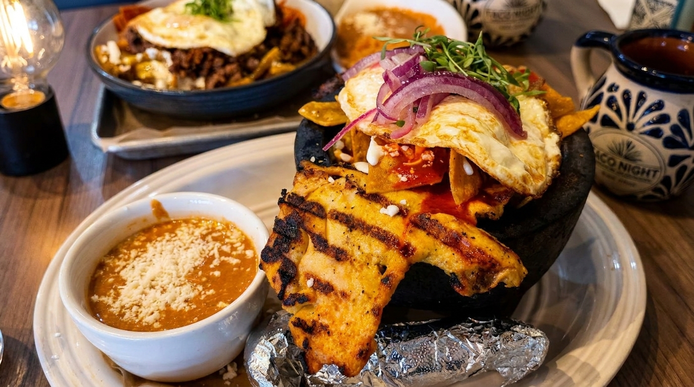 Grilled chicken, chilaquiles with fried egg, and a side of refried beans on a wooden table.