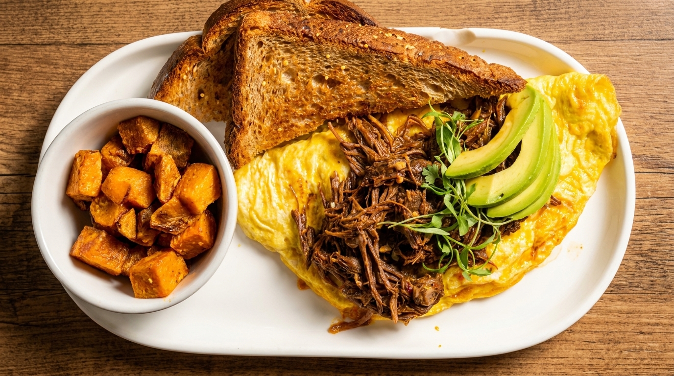 Omelet with shredded beef, avocado, microgreens, toast, and a side of roasted sweet potatoes.