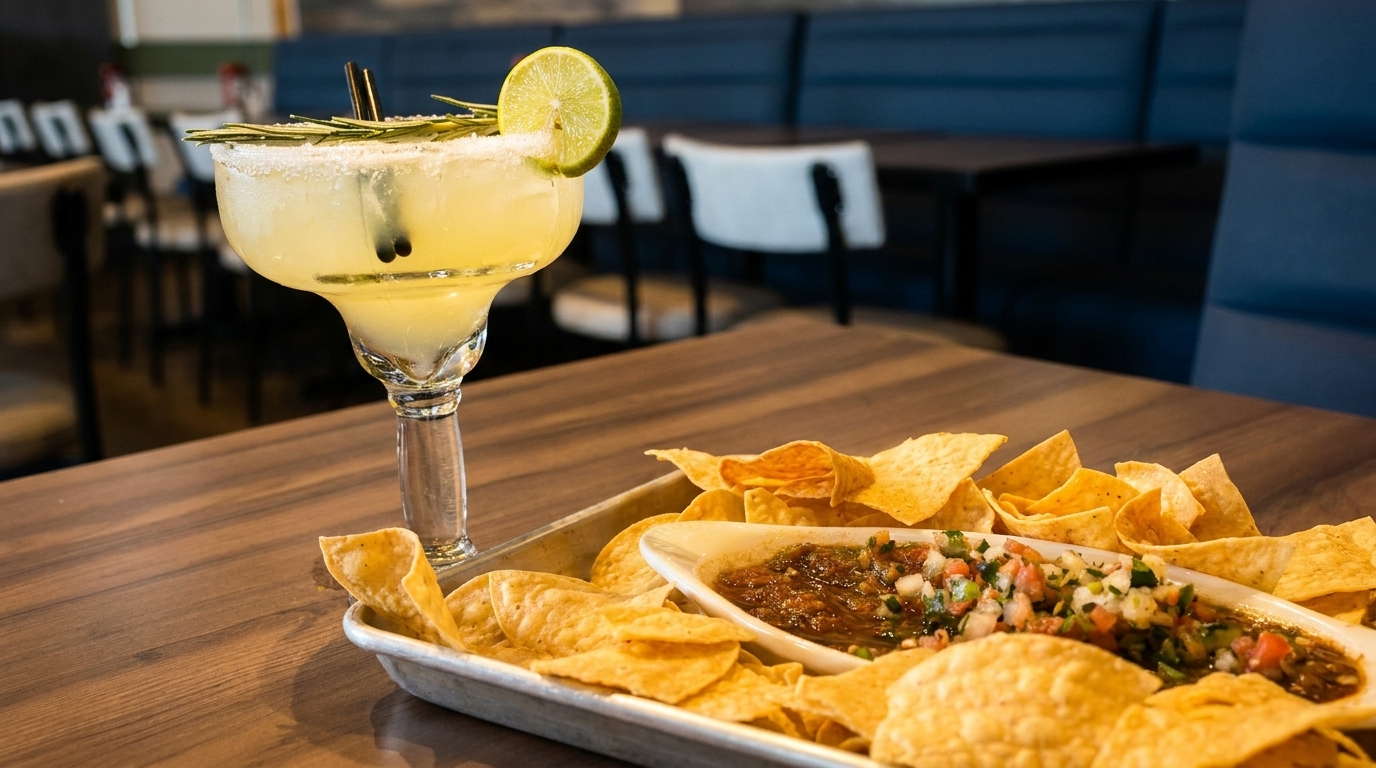 Margarita with lime and rosemary, alongside tortilla chips with salsa and pico de gallo.