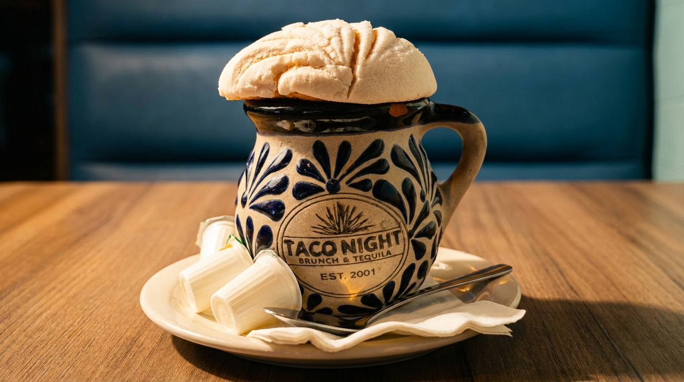 A concha bread sits atop a decorative mug from "Taco Night Brunch & Tequila" on a wooden table.
