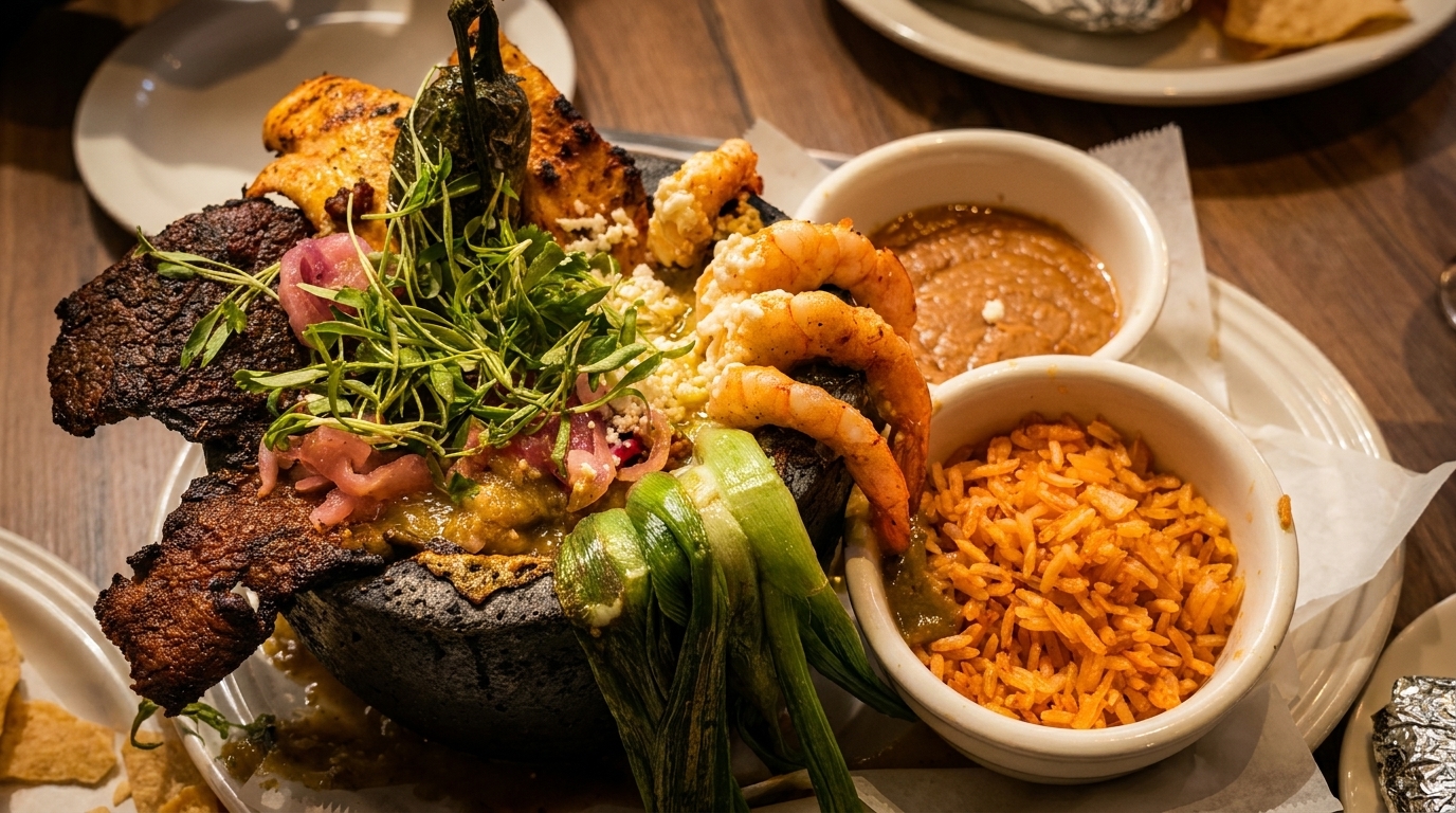 A large molcajete filled with grilled meats, shrimp, vegetables, and salsa, with sides of rice and beans.