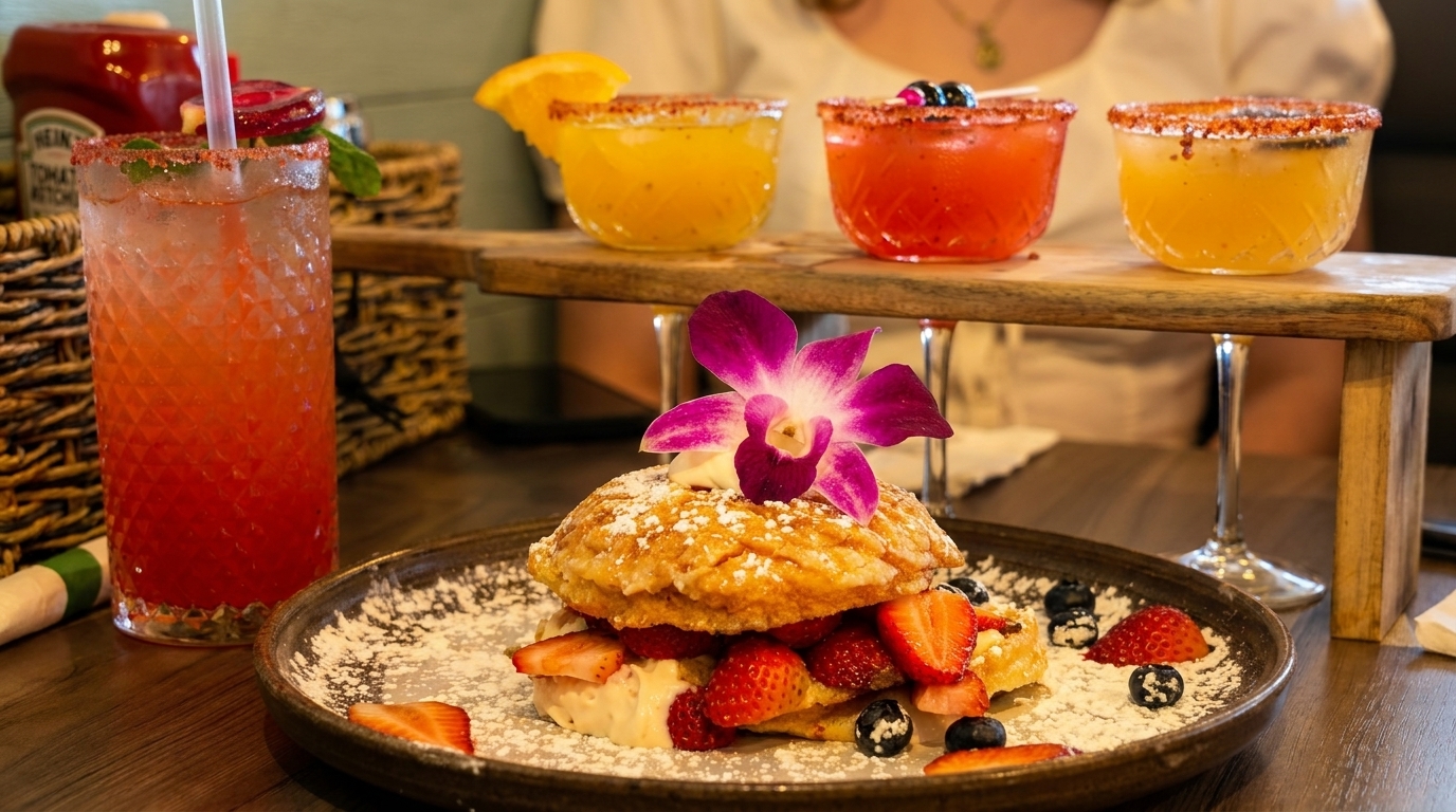 A strawberry shortcake with a purple orchid, a tall pink drink, and four colorful mini cocktails.
