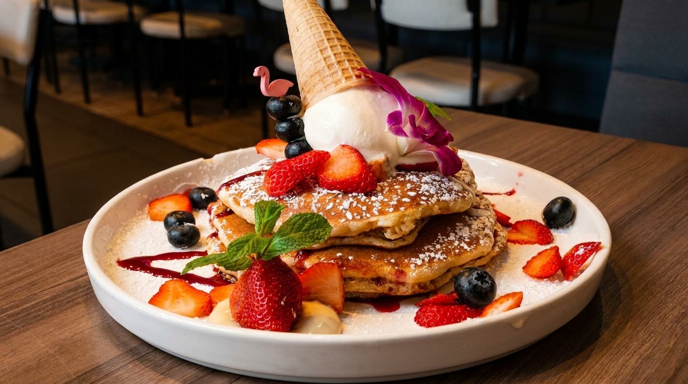 Stack of pancakes with strawberries, blueberries, ice cream in a cone, and a pink flamingo pick.