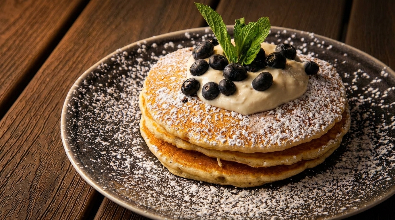 Stack of three pancakes dusted with powdered sugar, topped with cream, blueberries, and mint.