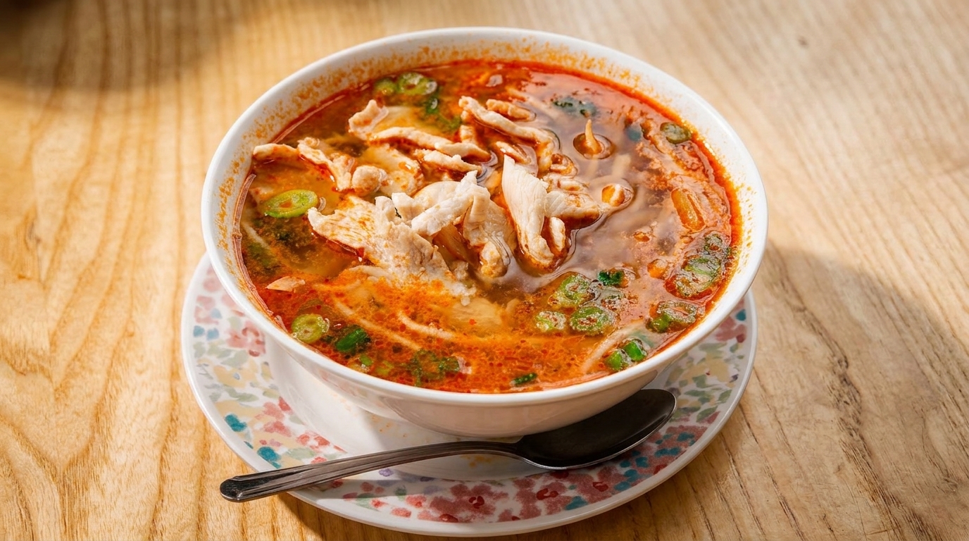 Spicy chicken noodle soup with green onions in a white bowl on a wooden table.