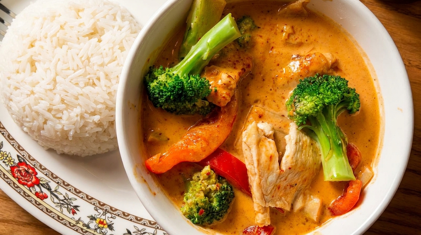 Chicken curry with broccoli, red peppers, and white rice on a floral patterned plate.