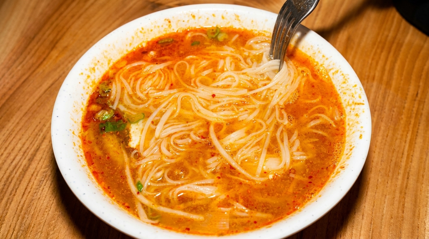 Close-up of a white bowl filled with spicy noodle soup, with a fork lifting noodles.