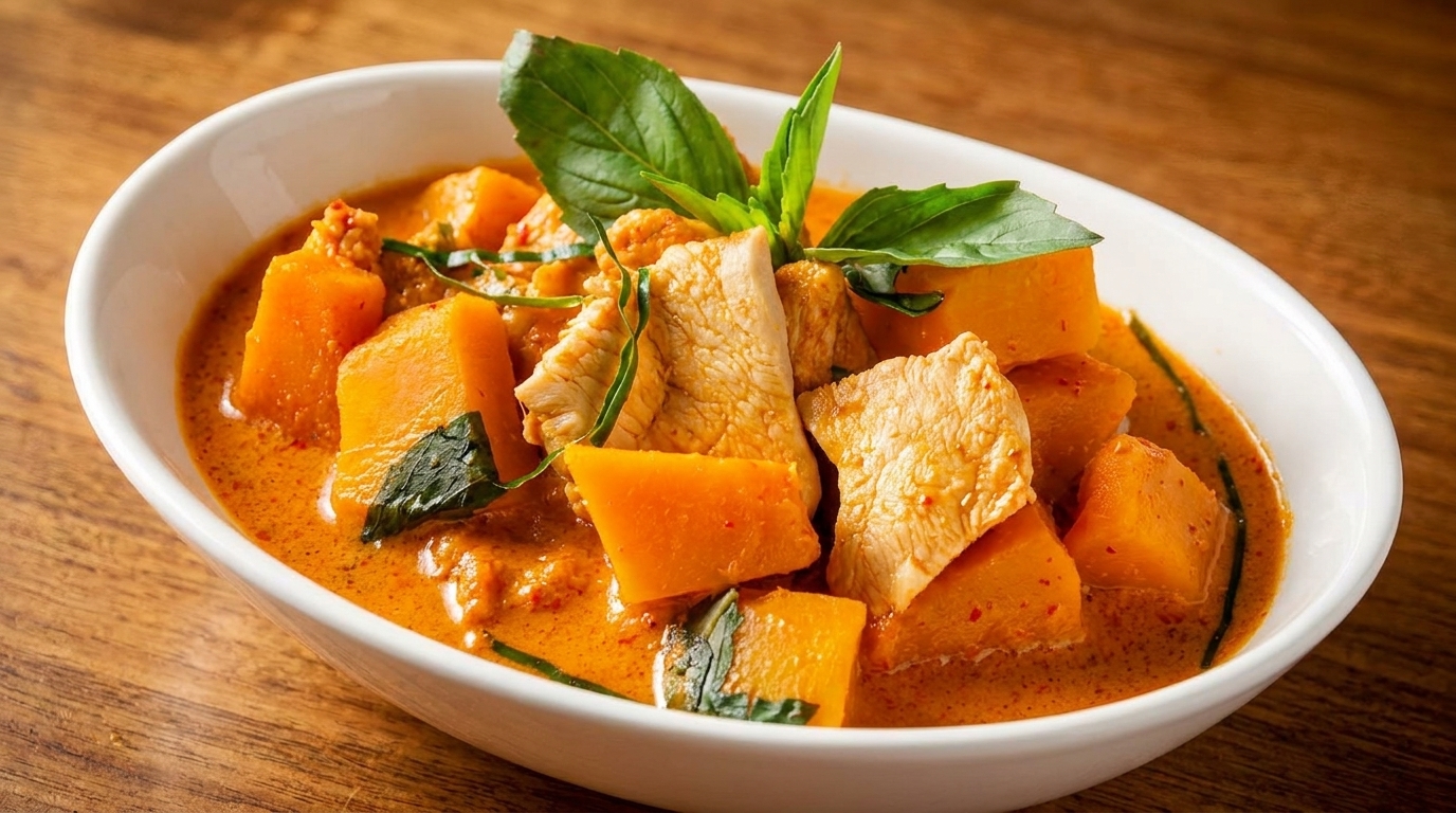 A white bowl filled with orange curry, chicken, pumpkin, and basil leaves on a wooden table.