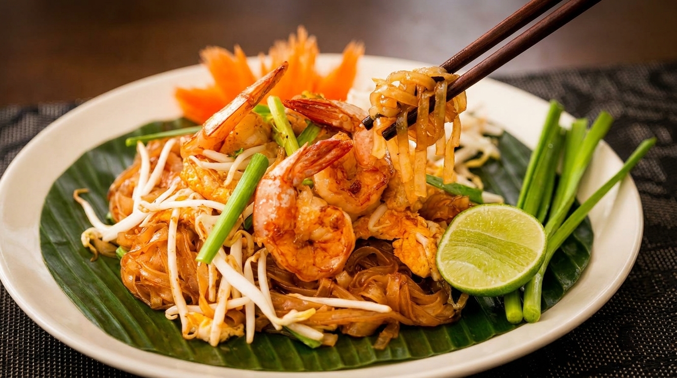 Chopsticks lifting noodles from a plate of shrimp pad Thai with lime, scallions, and bean sprouts.