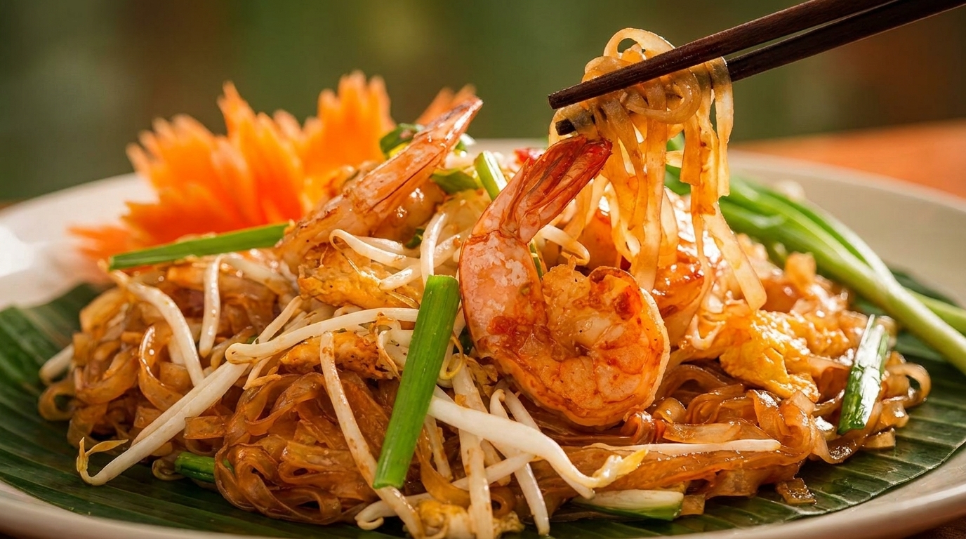 Chopsticks lifting noodles from a plate of shrimp pad Thai with bean sprouts and green onions.