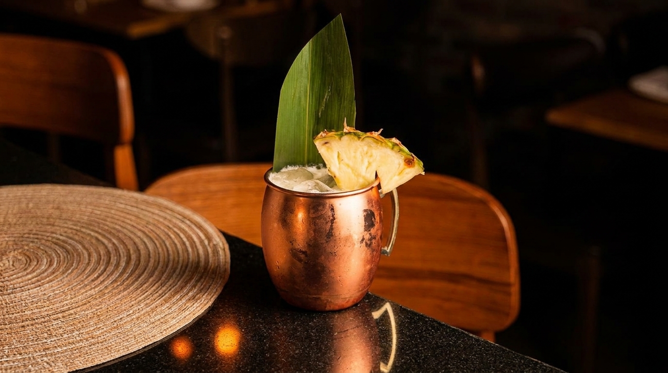A copper mug cocktail with ice, pineapple, and a green leaf on a dark bar counter.