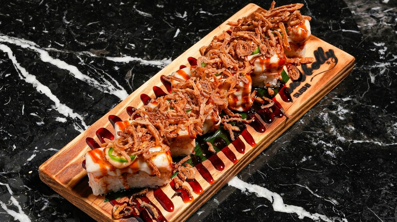 Sushi rolls topped with crispy fried onions and sauces, served on a wooden board.