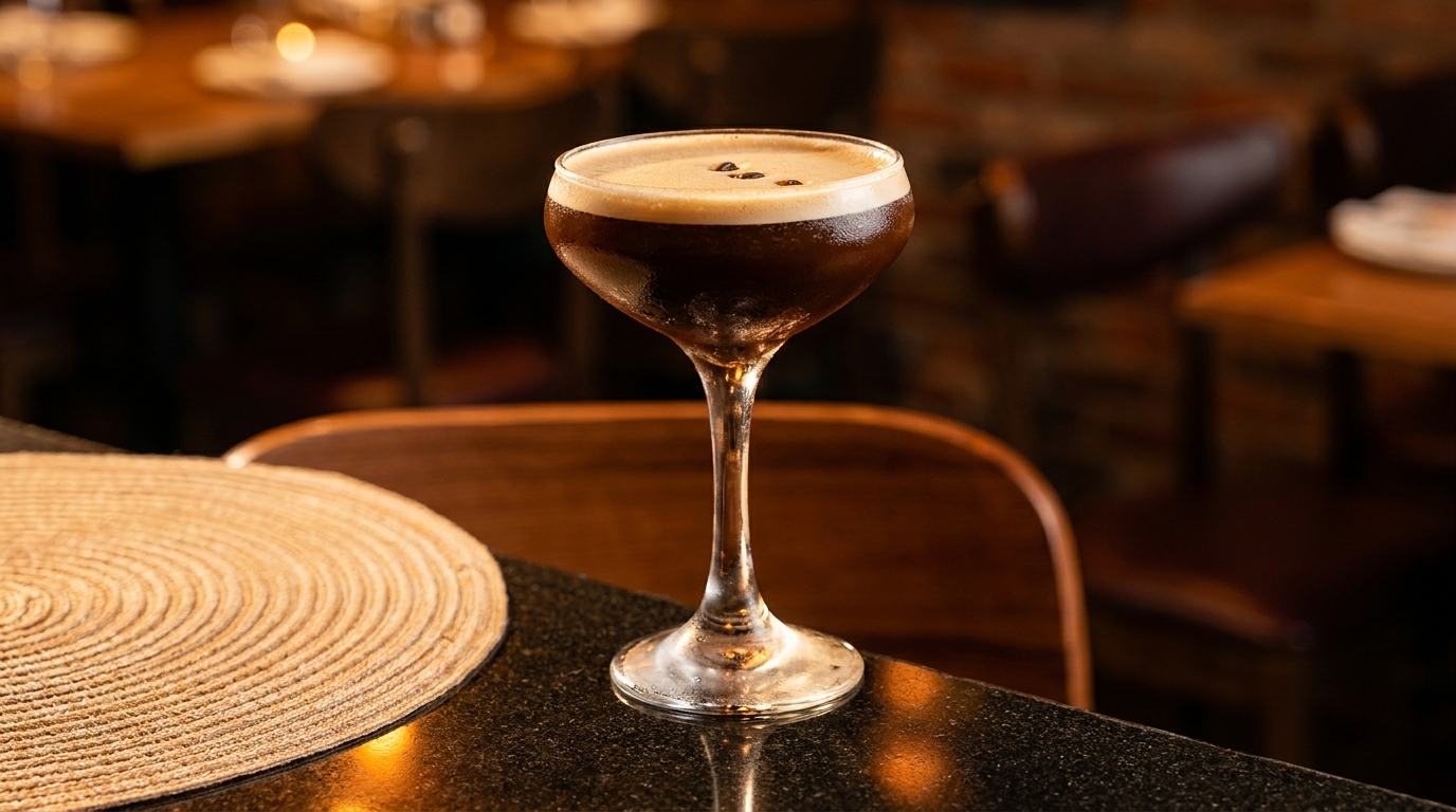 Espresso martini with coffee beans on top, on a dark bar with a woven placemat.