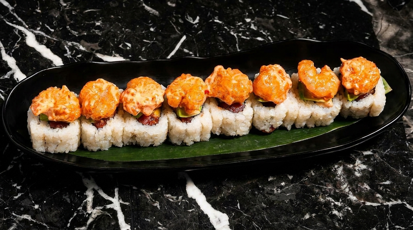 Eight pieces of sushi with white rice and orange-colored toppings on a black plate.