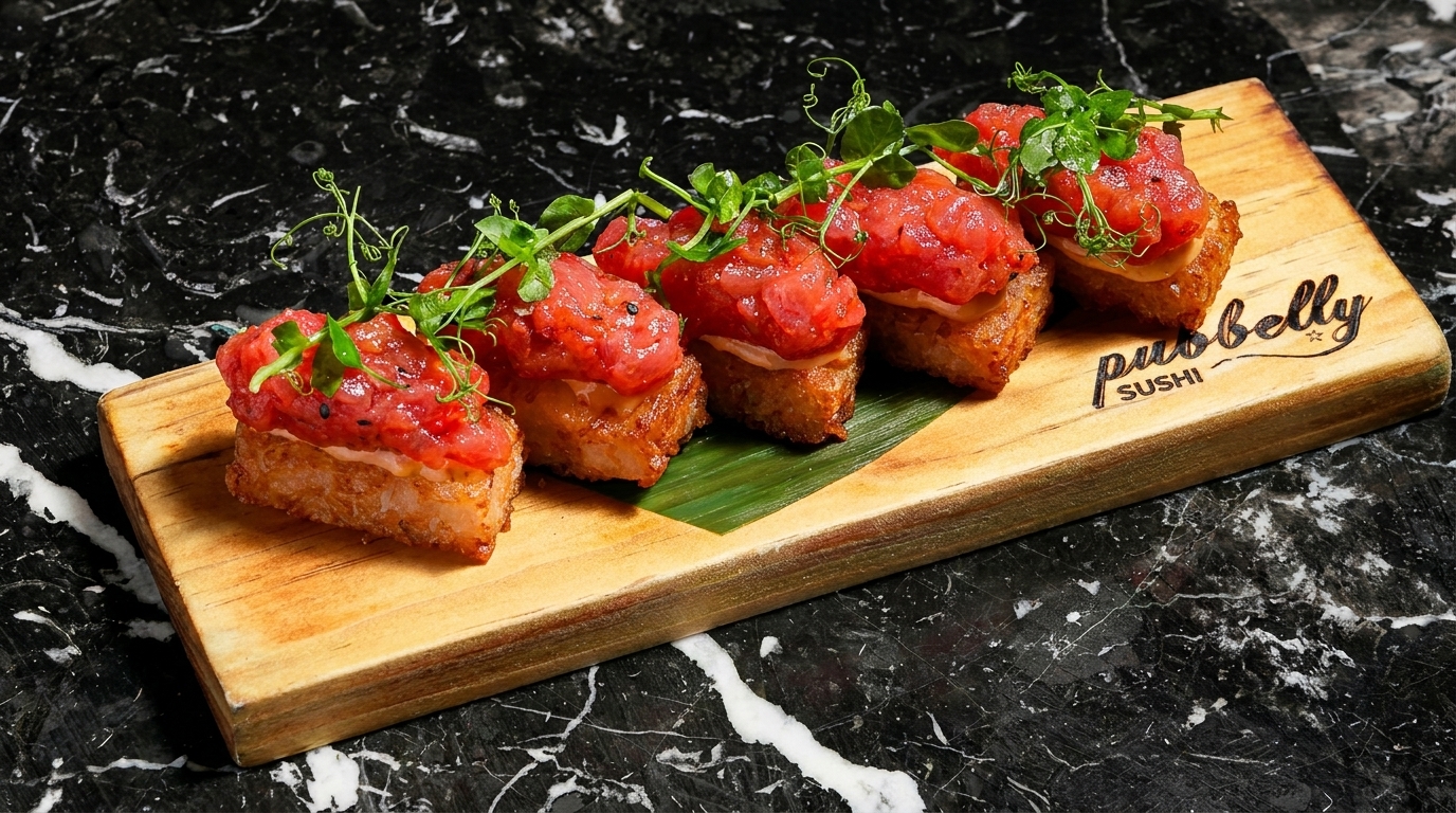 Five pieces of tuna sushi with microgreens on a wooden board with the Pubbelly Sushi logo.