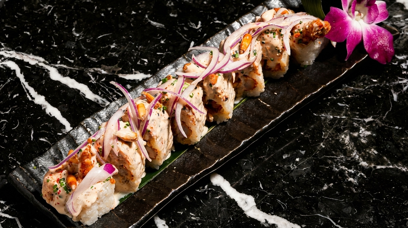 Sushi rolls with creamy sauce, red onions, and nuts, garnished with an orchid on a black marble table.
