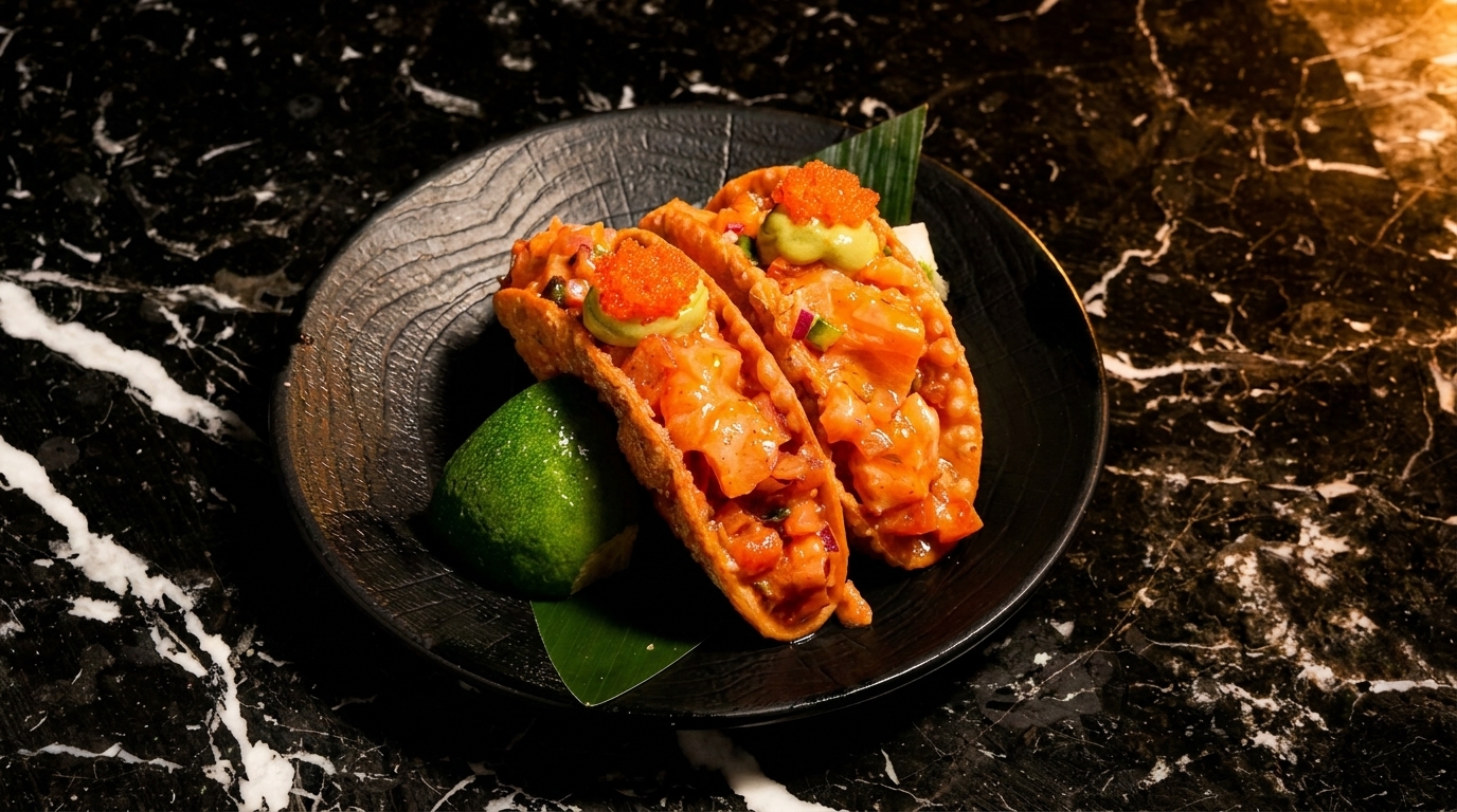Two salmon tacos with avocado and roe, served with a lime wedge on a dark plate.