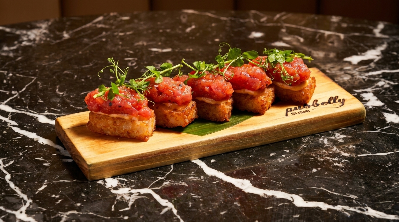 Five pieces of tuna tartare on crispy rice, garnished with microgreens, on a wooden board.