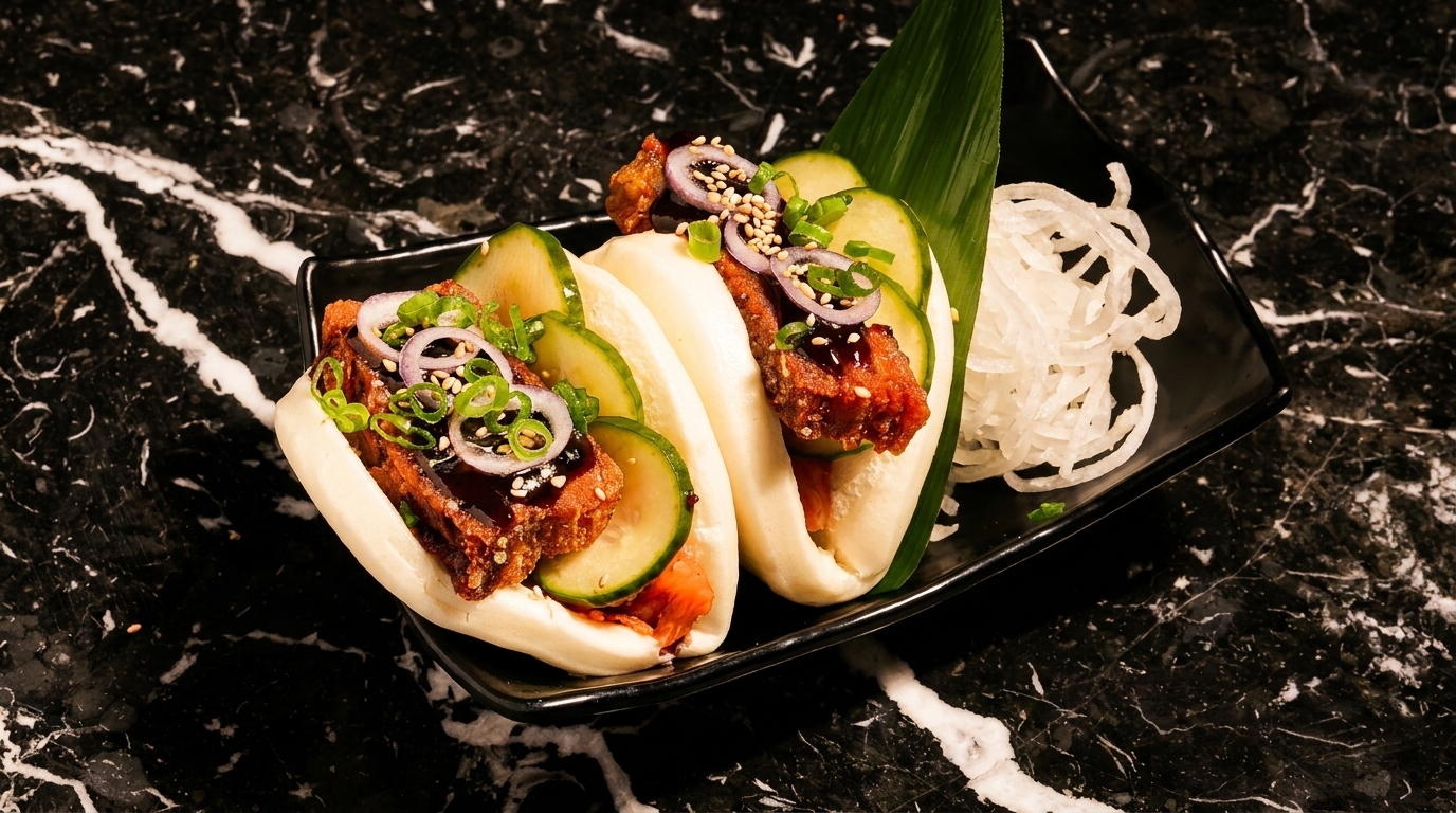 Two bao buns filled with fried chicken, cucumber, red onion, and scallions on a black plate.