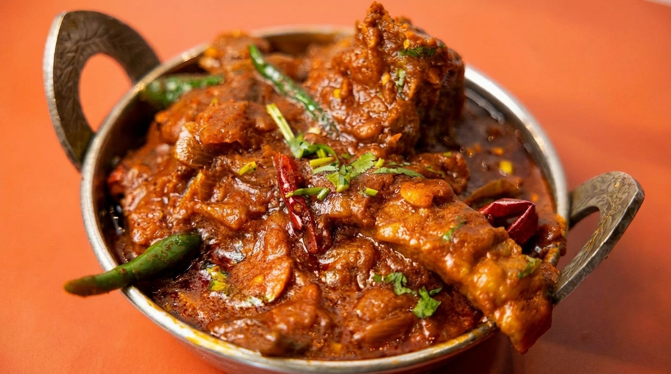 Spicy Indian chicken curry with green and red chilies, garnished with cilantro in a metal bowl.