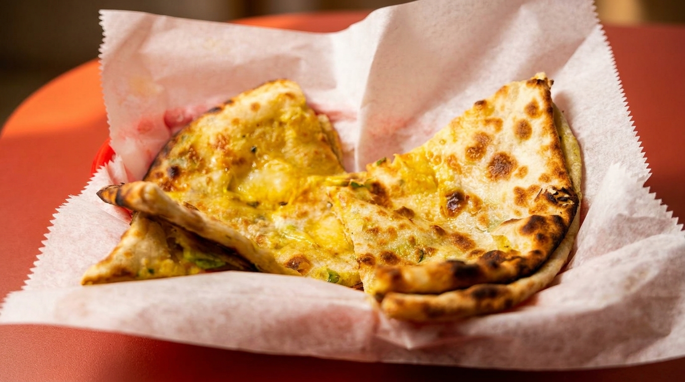 Golden-brown naan bread, cut into triangles and served in a paper-lined basket on a red table.