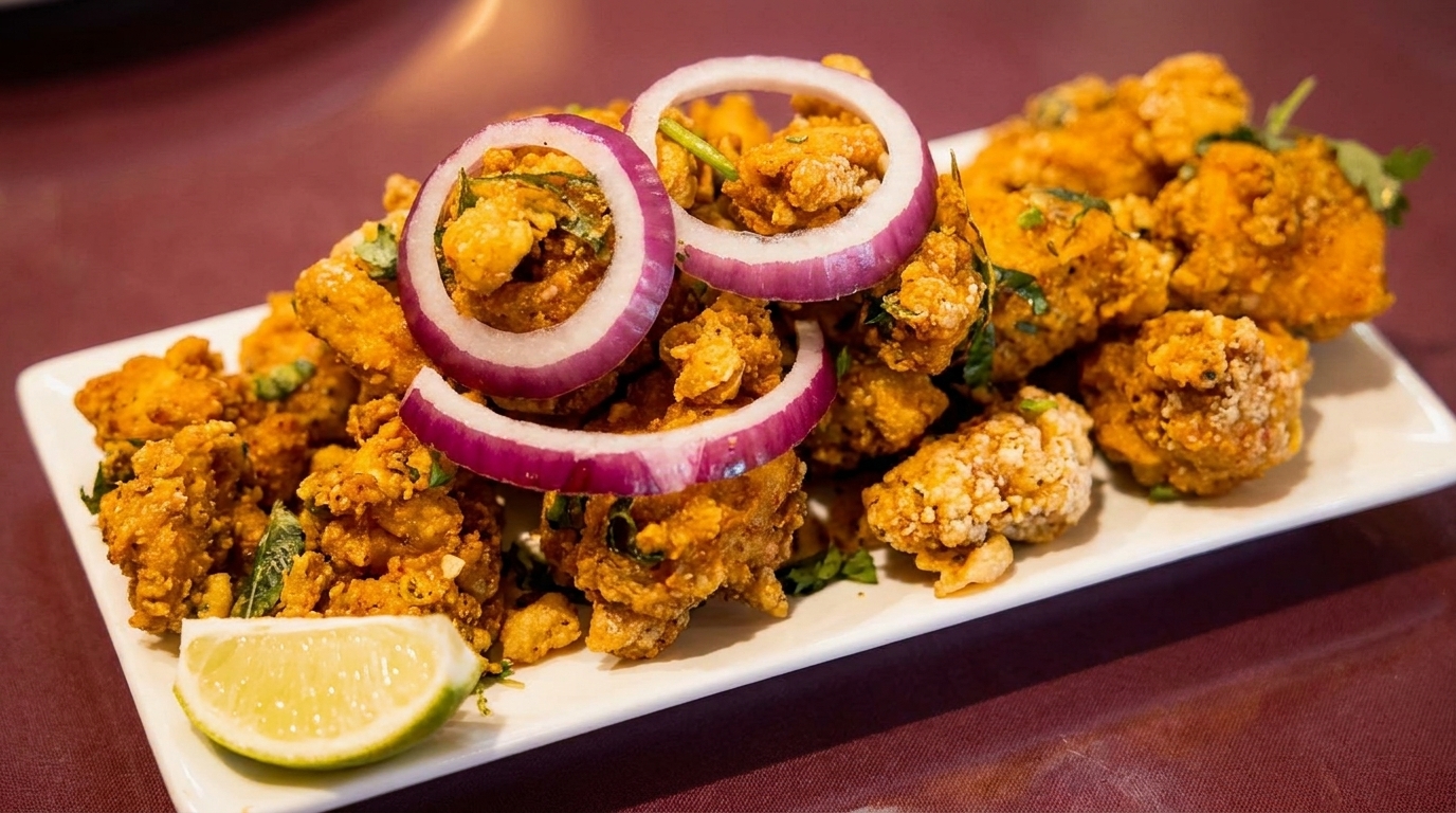 Crispy fried chicken pieces garnished with red onion rings and a lime wedge on a white plate.