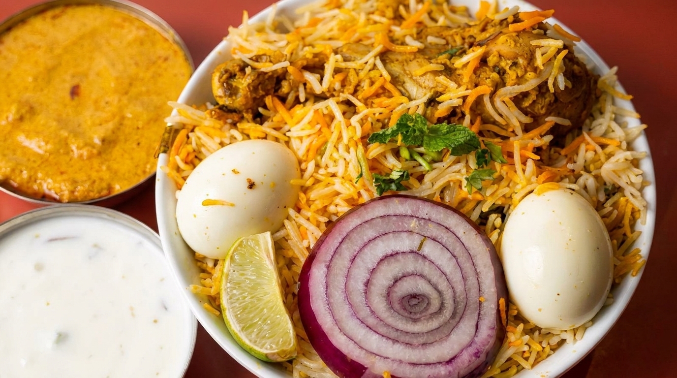 Chicken biryani with boiled eggs, red onion, lime, mint, and two side sauces.
