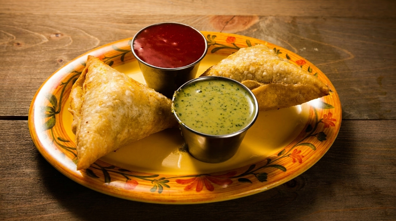 Two golden-brown samosas with red and green dipping sauces on a yellow floral plate.