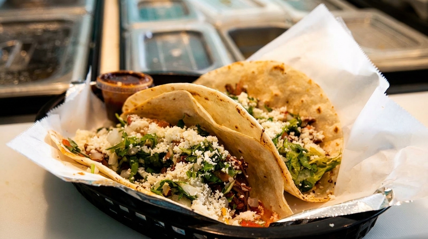 Two delicious tacos filled with meat, lettuce, and cheese, served with a side of salsa.