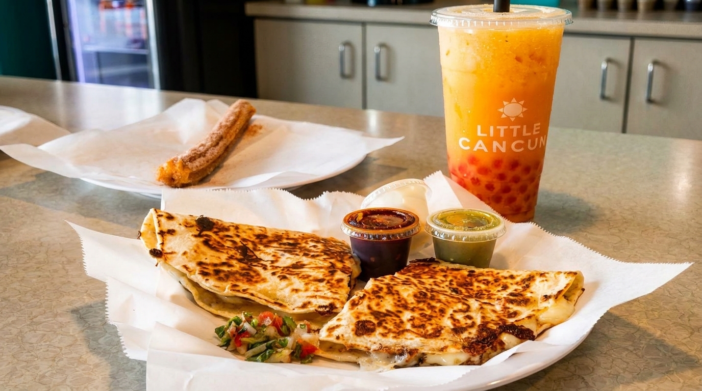 Quesadillas, salsa, a churro, and a Little Cancun bubble tea on a counter.