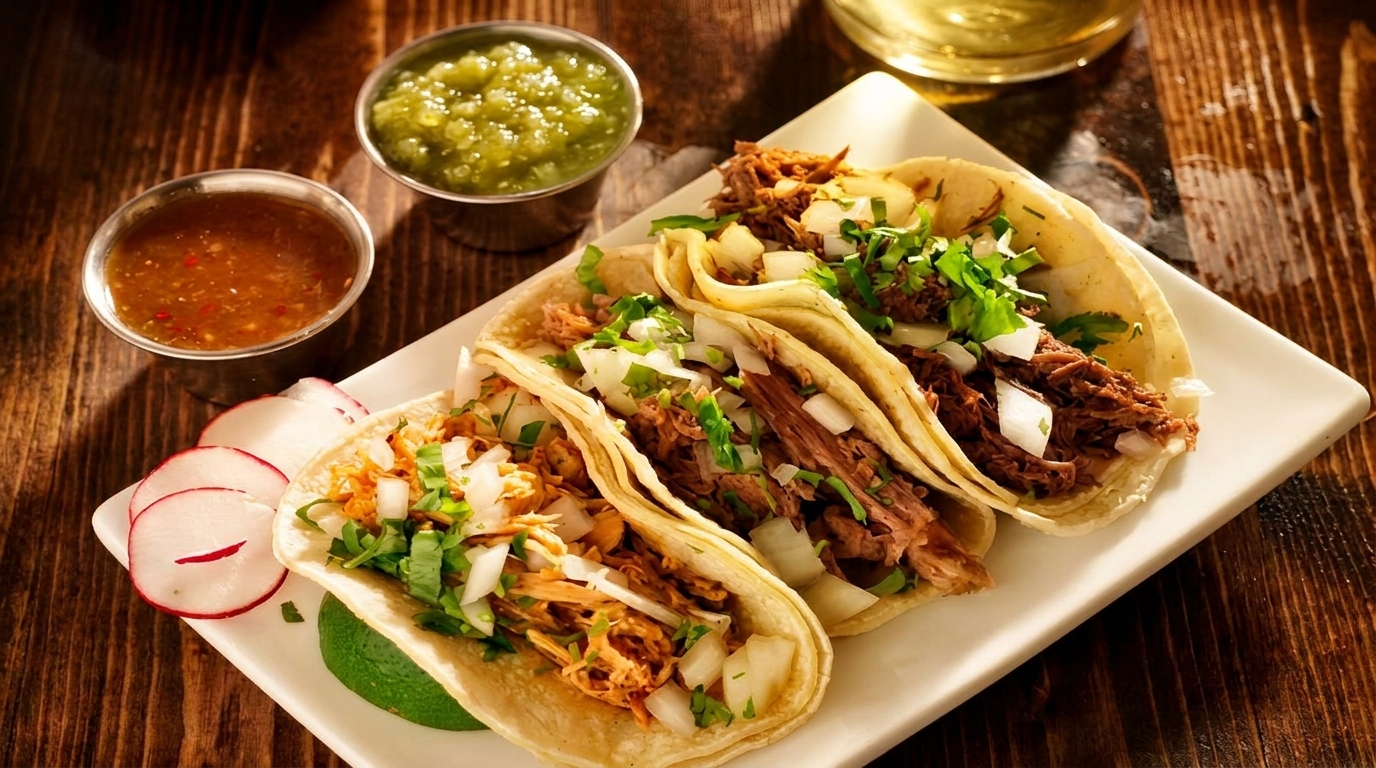 Three street tacos with meat, onions, and cilantro, served with salsa and radishes on a wooden table.