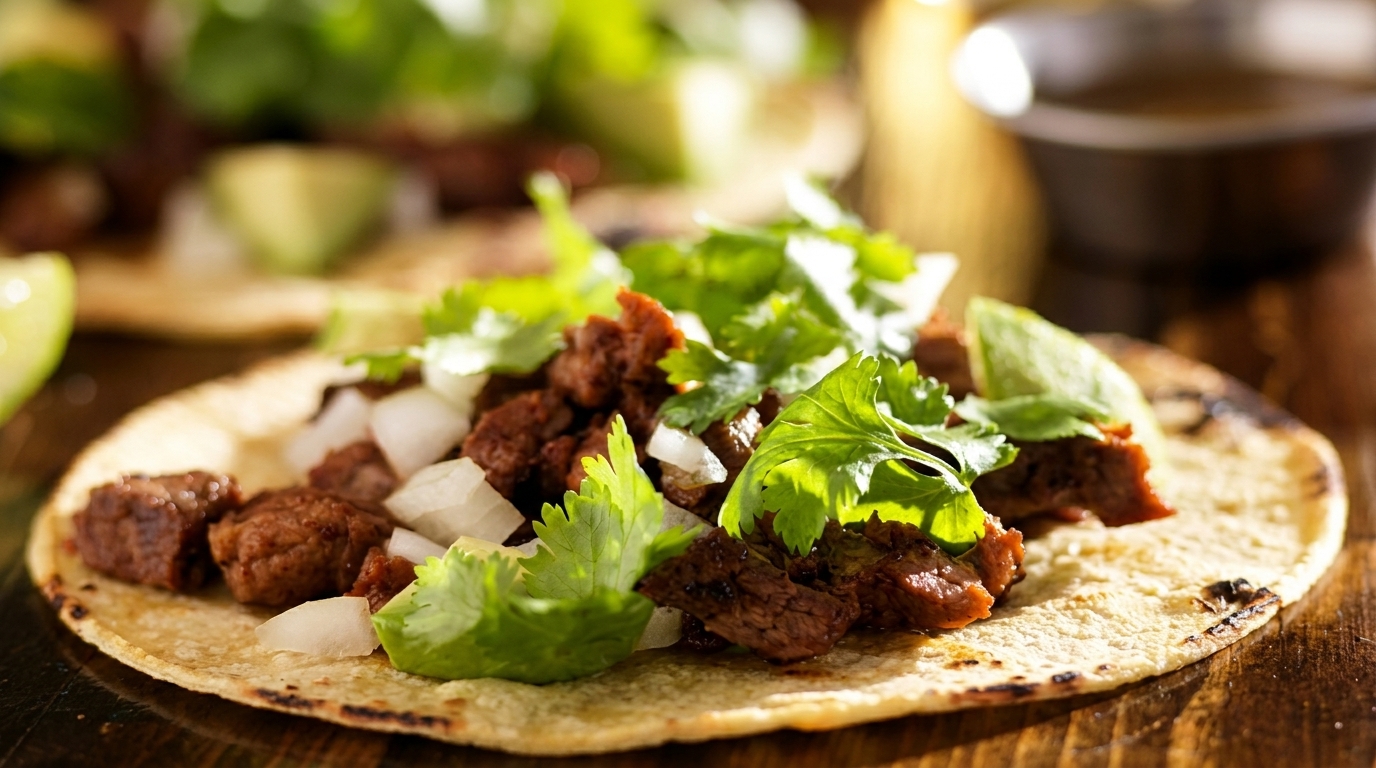 Close-up of a street taco with grilled meat, diced onions, and fresh cilantro on a corn tortilla.