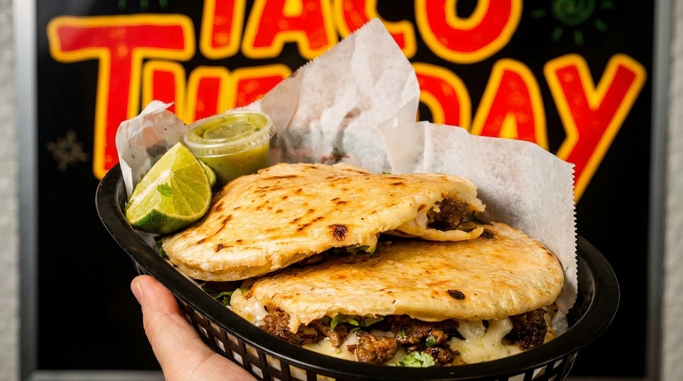 Hand holding a basket of two cheesy tacos with lime and green sauce, against a "Taco Tuesday" sign.