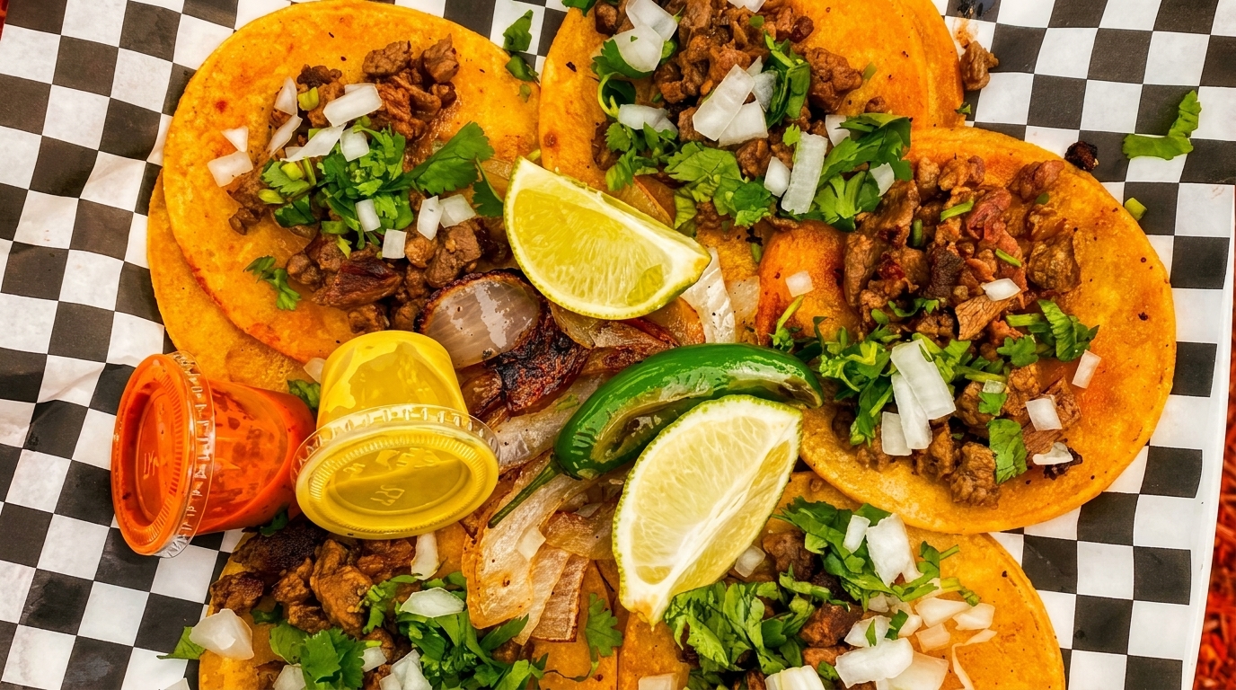 Close-up of five street tacos with meat, cilantro, onions, lime, jalapeno, and sauces.