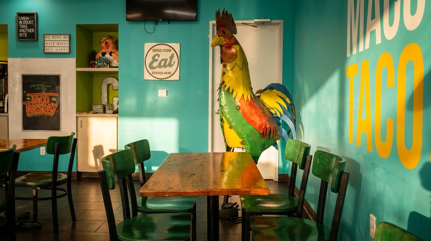 Turquoise Walls, Rooster Murals, Good Food