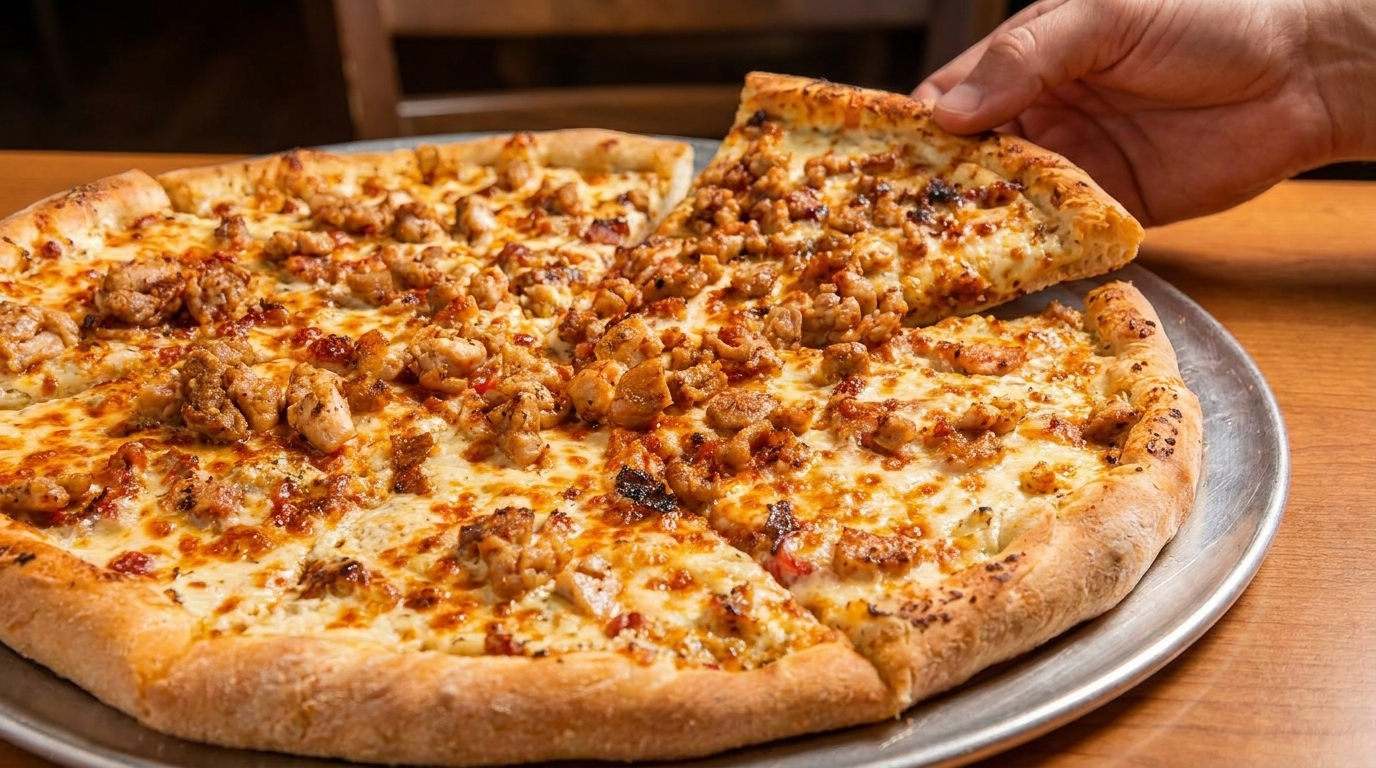 A hand lifts a slice of chicken pizza from a large, cheesy pizza on a metal tray.