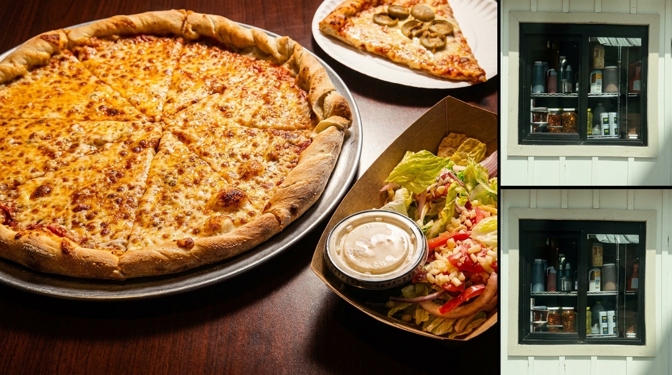A whole cheese pizza, a slice of mushroom pizza, a side salad, and a window with condiments.