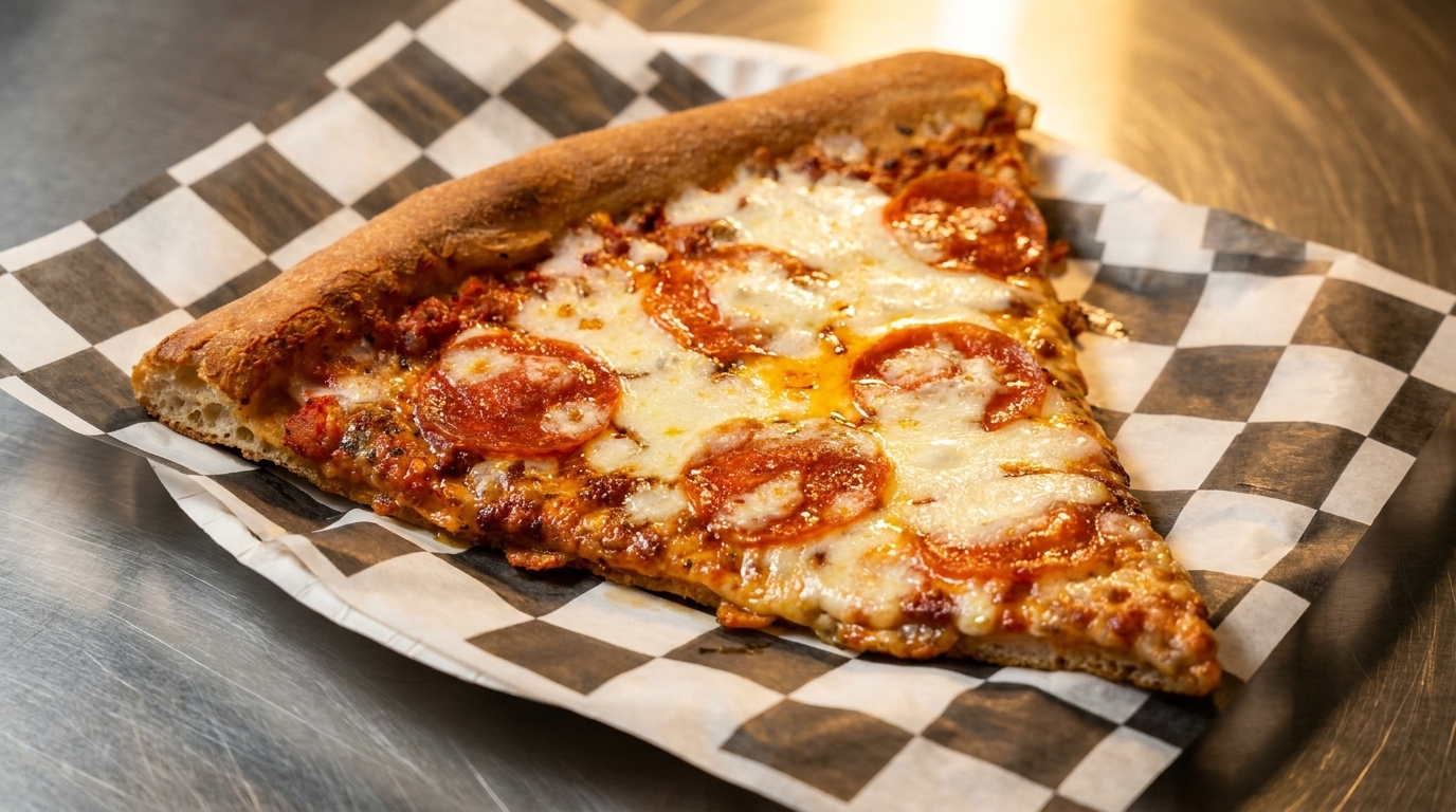 A single slice of pepperoni pizza with melted cheese and sauce on checkered paper.