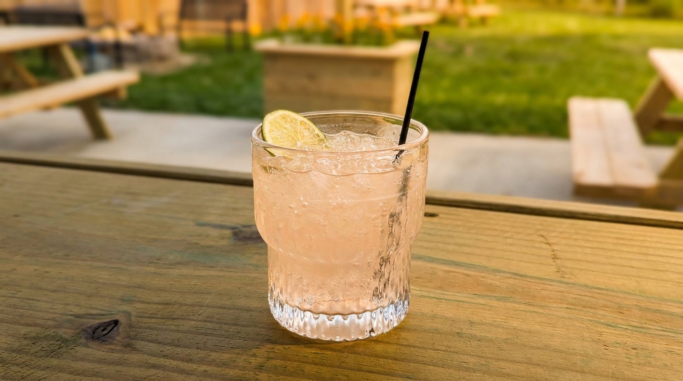 Pink cocktail with a lime wedge and black straw on a wooden table outdoors.