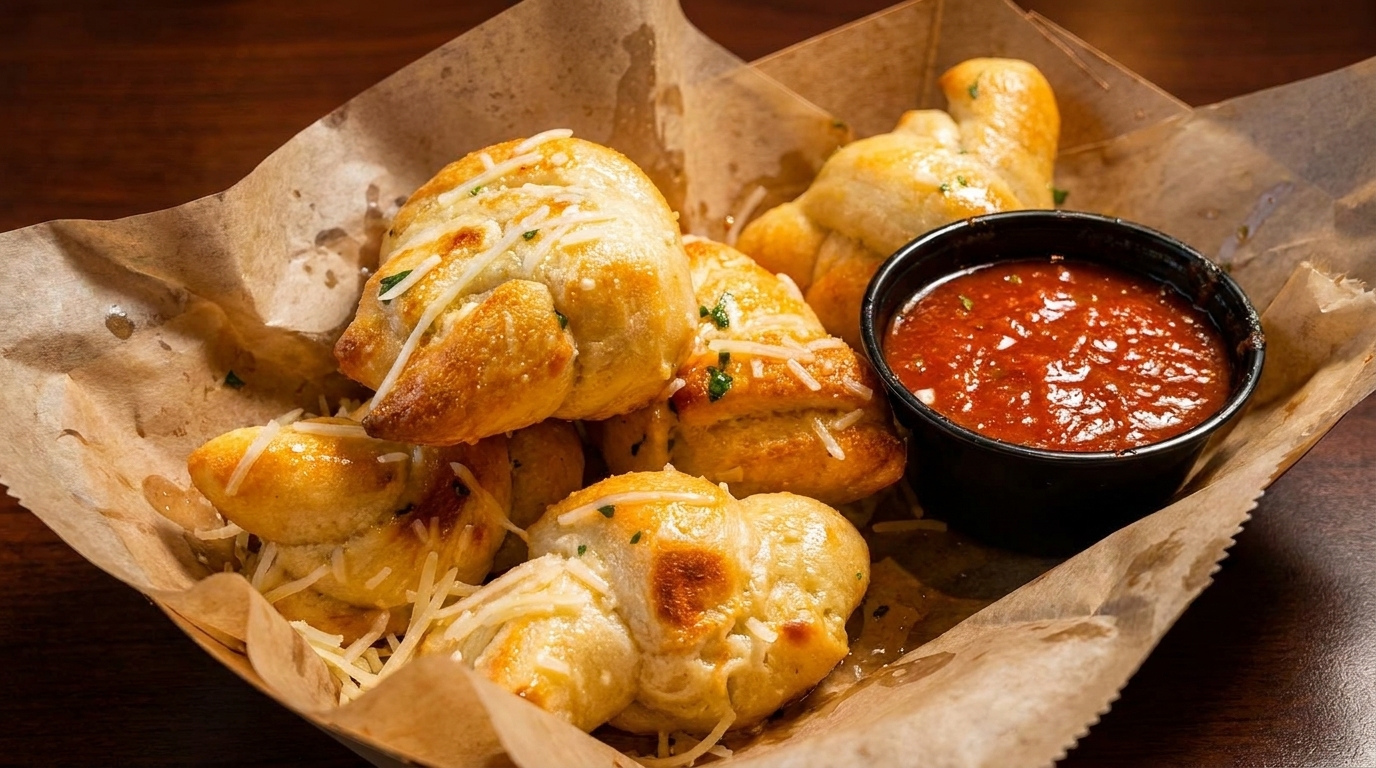Golden-brown garlic knots topped with cheese and herbs, served with a side of marinara sauce.