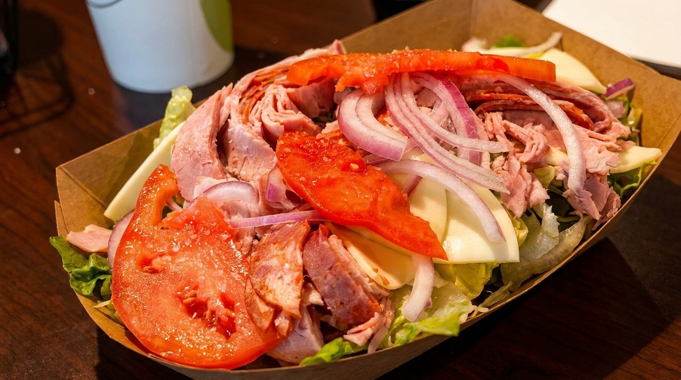 A close-up of a salad with ham, lettuce, tomatoes, onions, and cheese in a cardboard container.