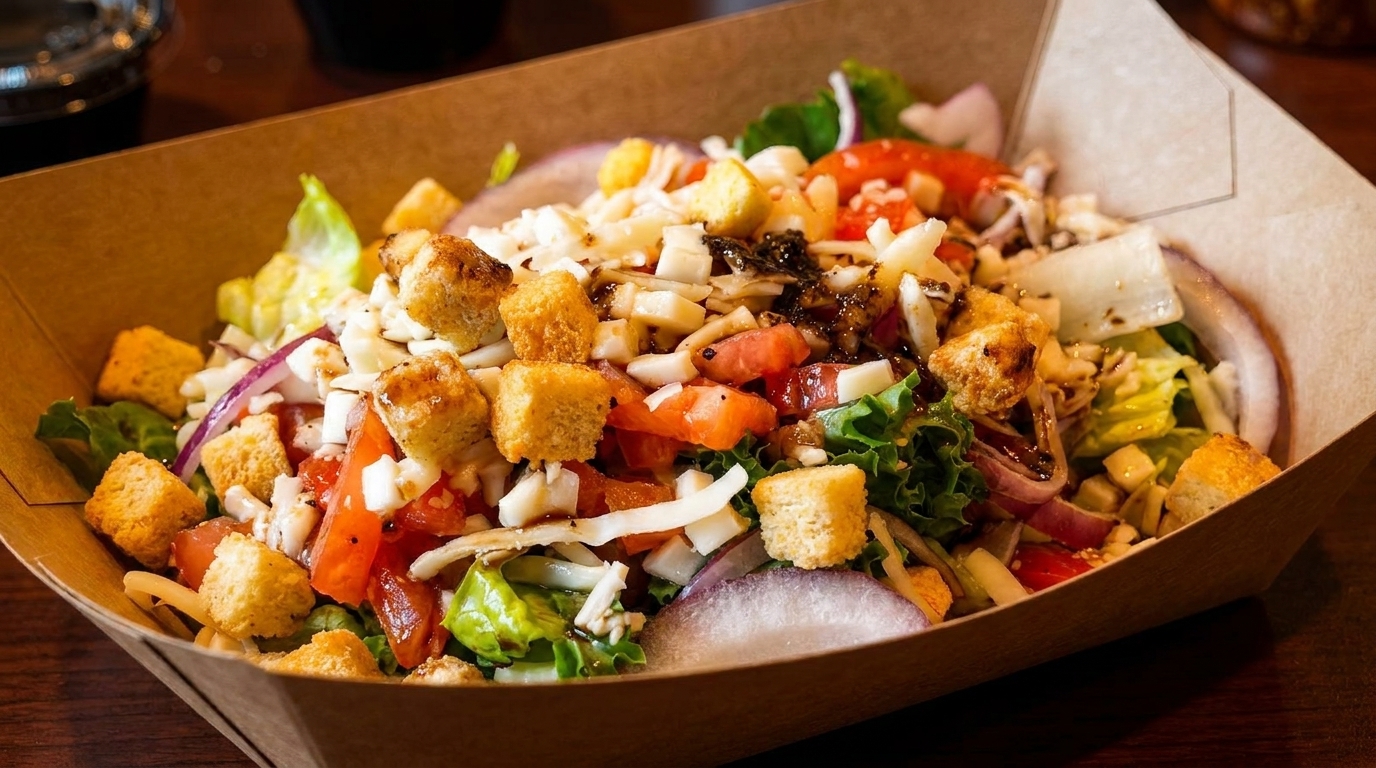 Fresh salad with lettuce, tomatoes, red onions, cheese, croutons, and balsamic glaze in a paper container.