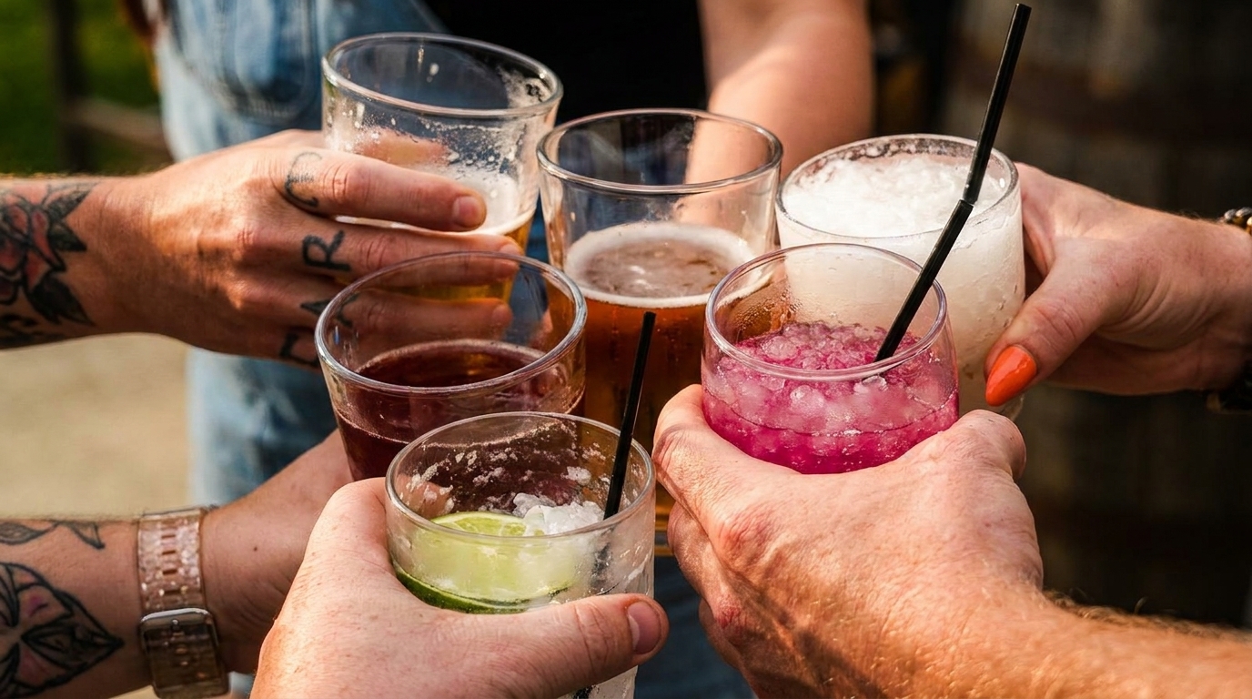 Hands holding various drinks, including beer, cocktails with lime, and pink crushed ice.