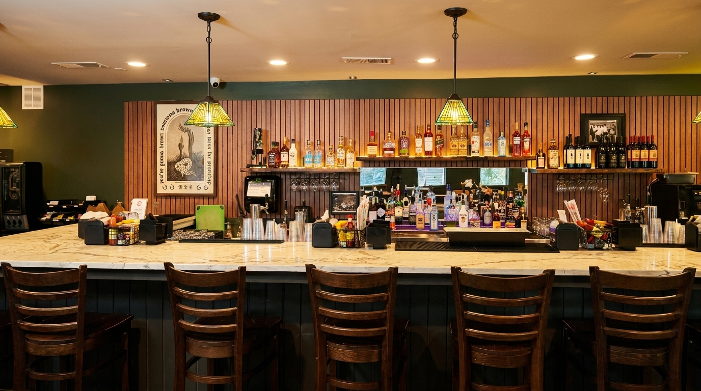 A well-stocked bar with bottles of liquor and wine, a marble countertop, and wooden bar stools.